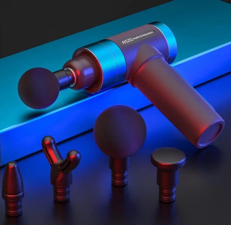 USB muscle massager in blue with space aluminium body, five speed control, and compact 225x185x60mm size