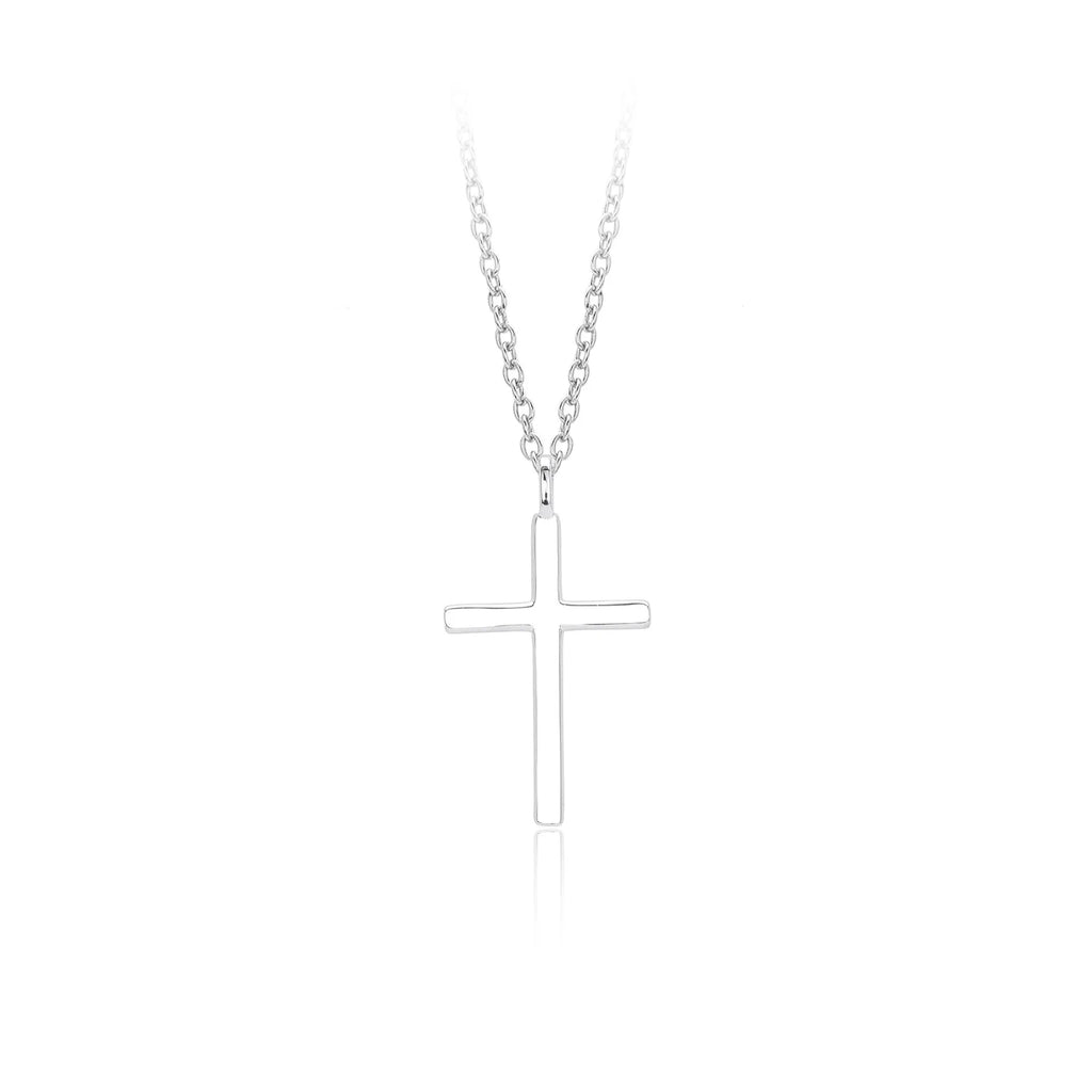 S925 sterling silver necklace with glossy cross pendant on O-chain in gold, platinum, or rose gold plating.