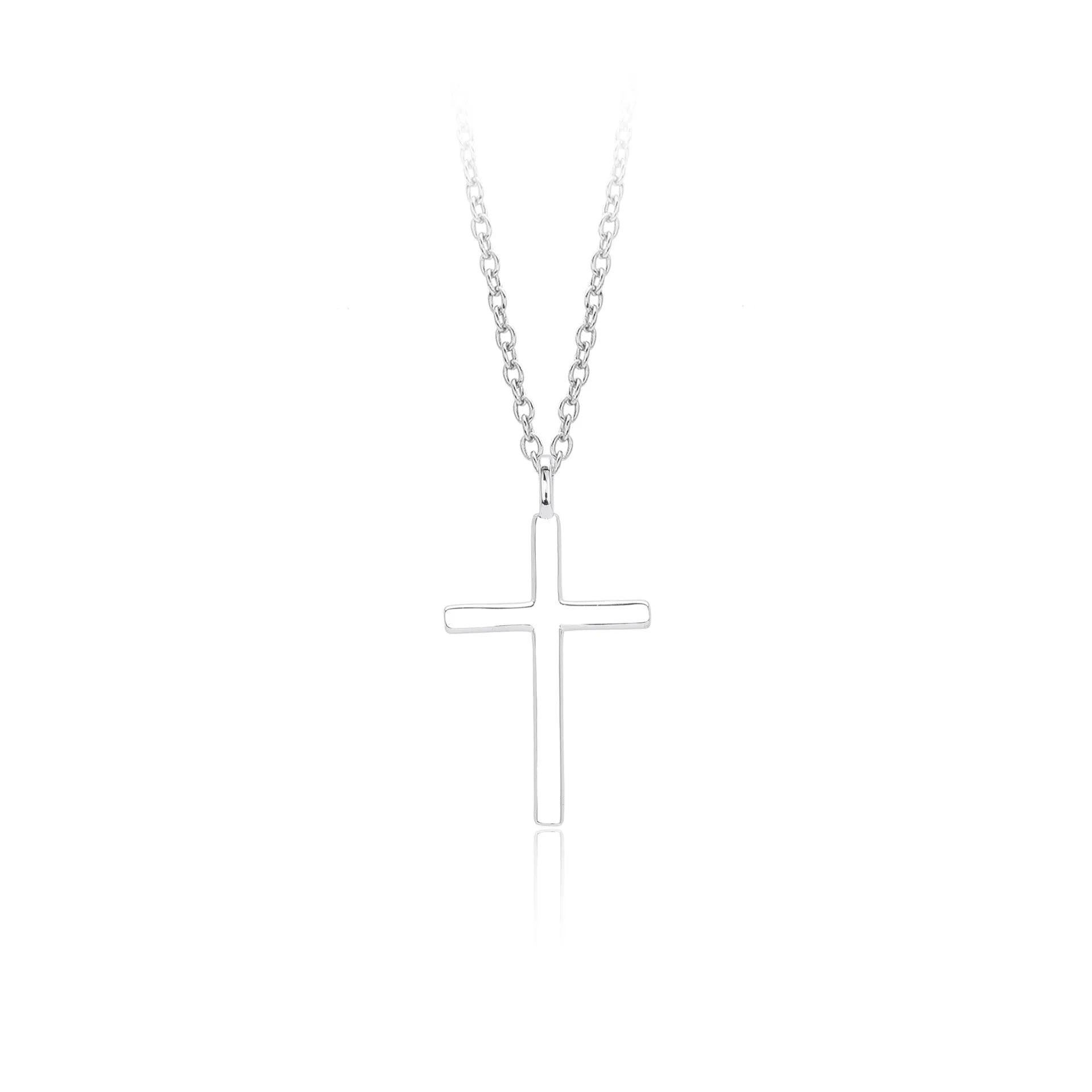 S925 sterling silver necklace with glossy cross pendant on O-chain in gold, platinum, or rose gold plating.