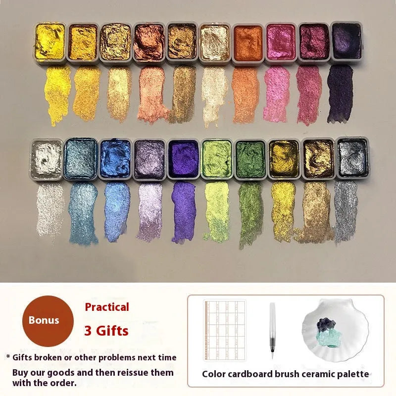 Traditional Chinese painting watercolour set with 20 pearlescent colours including red and white gold tubes
