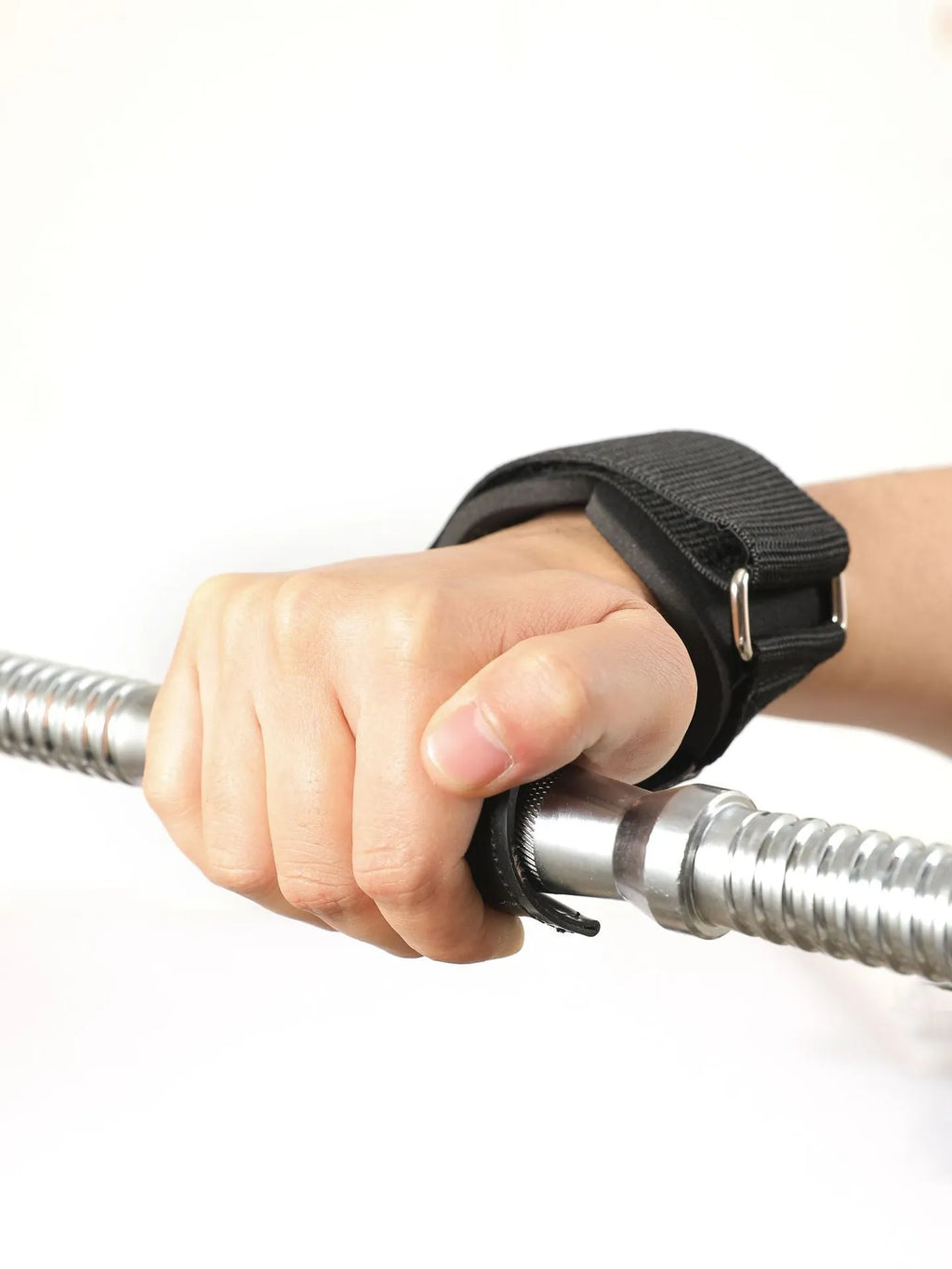 Black rubber non-slip weightlifting palm protection strap for barbell exercises and rock climbing.