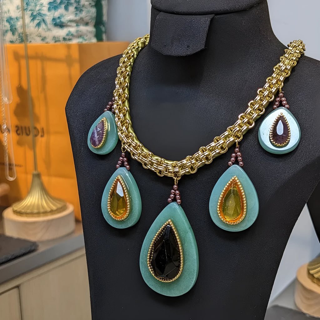 Peacock green agate water drop pendant necklace on heavy woven Cuban link chain with copper setting