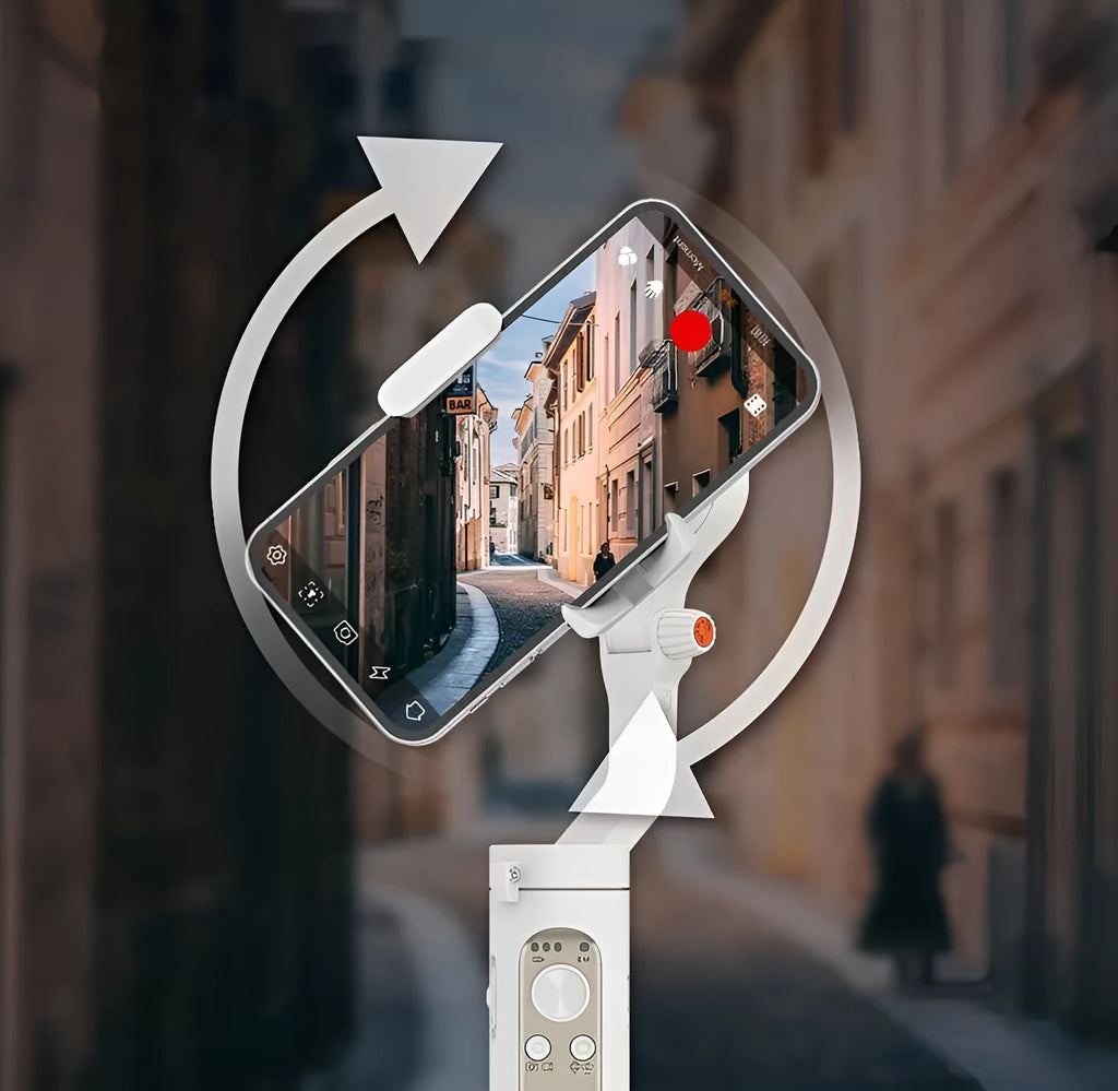 Black 3-axis smartphone stabilizer folded to 179mm size with USB port visible