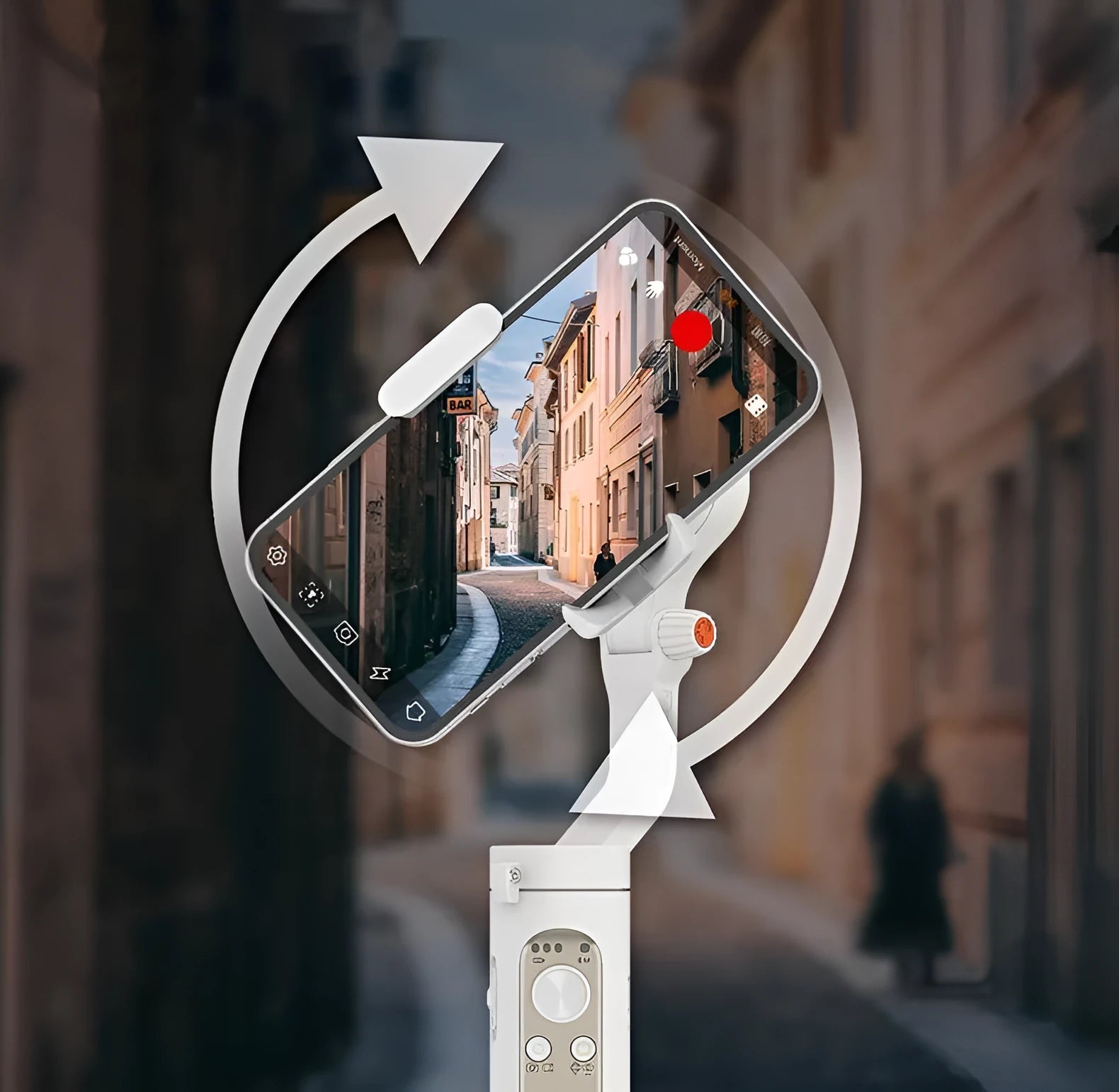 Black 3-axis smartphone stabilizer folded to 179mm size with USB port visible