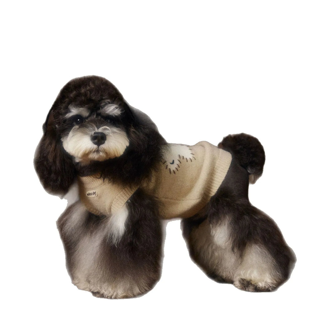 Red wool sleeveless sweater vest for small dogs like Schnauzer, Teddy, Bichon, shown on pet