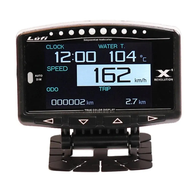 X1 automotive multi-function OBD instrument with LED display and metal casing.