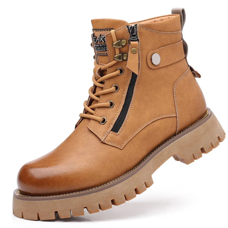 Men's brown leather high-top boots with side zip and mid heel