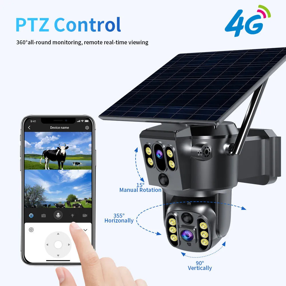 Solar security camera with dual lenses mounted on wall bracket showing dimensions 165x140x165mm