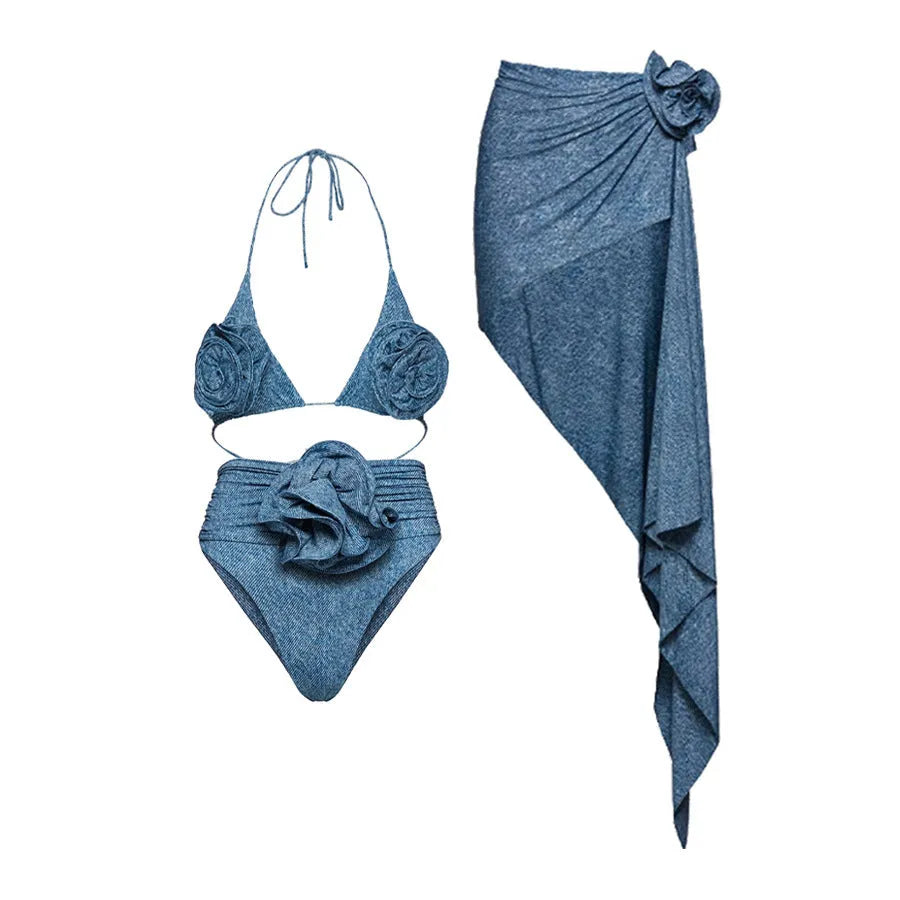 Women's one-shoulder hollow design flower decorative nylon swimsuit in soft cowboy style