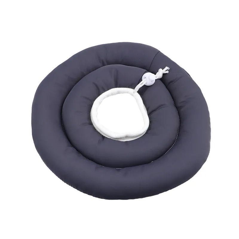 Blue adjustable Elizabethan recovery collar for a dog, showing the spring buckle and padded interior.