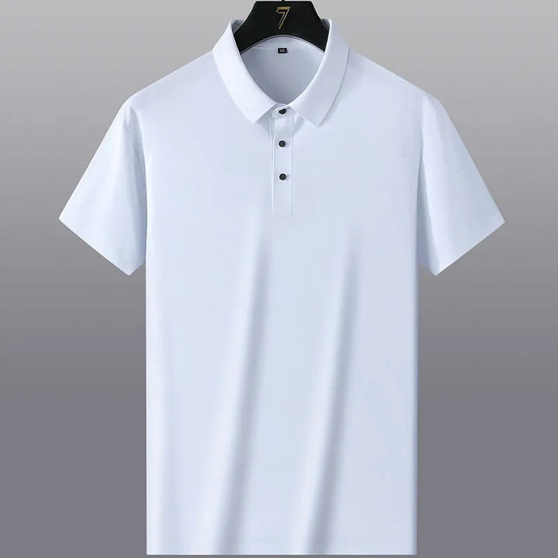 Man wearing a solid colour short-sleeve non-ironing business casual shirt in nylon fabric.