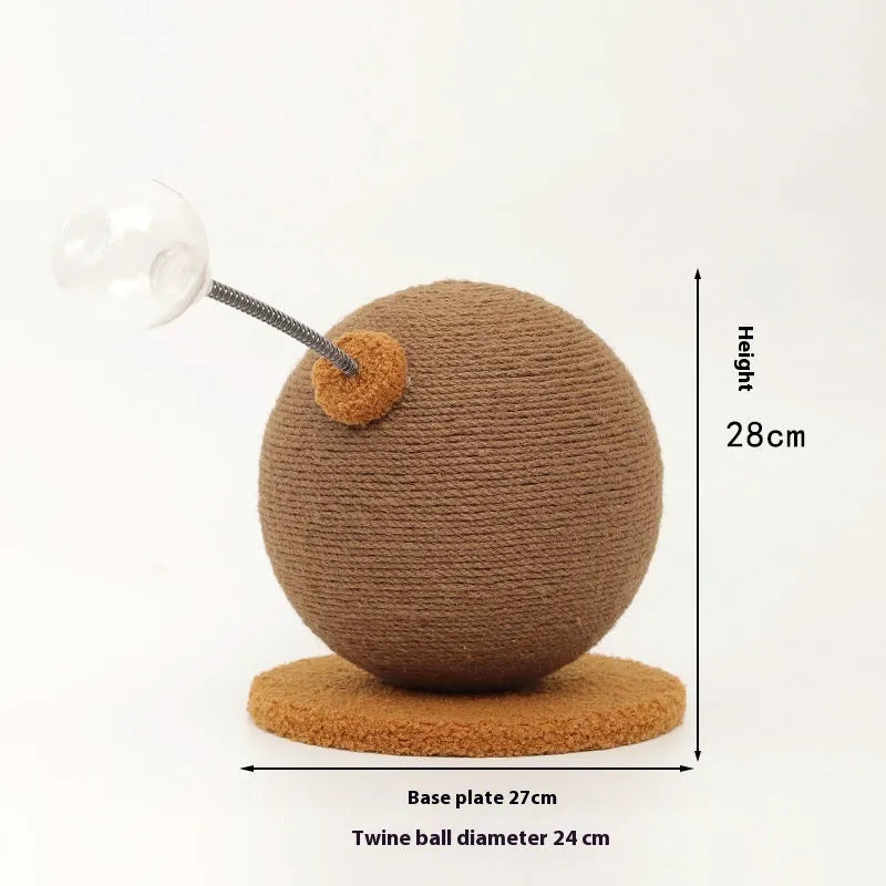 Cat scratch board with a hemp rope ball attached, shown in large and small size options.