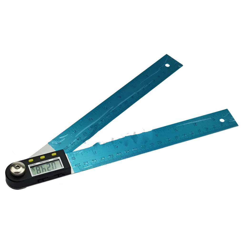 Stainless steel electronic digital display angle ruler measuring tool on workshop surface
