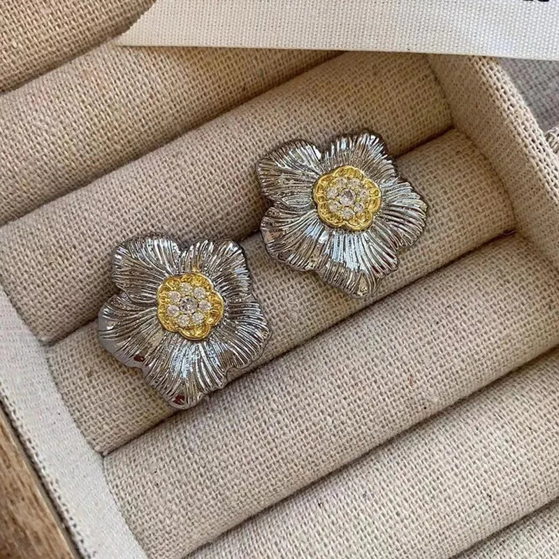 Retro textured stud earrings with gardenia camellia floral design in two-tone E3002 colour
