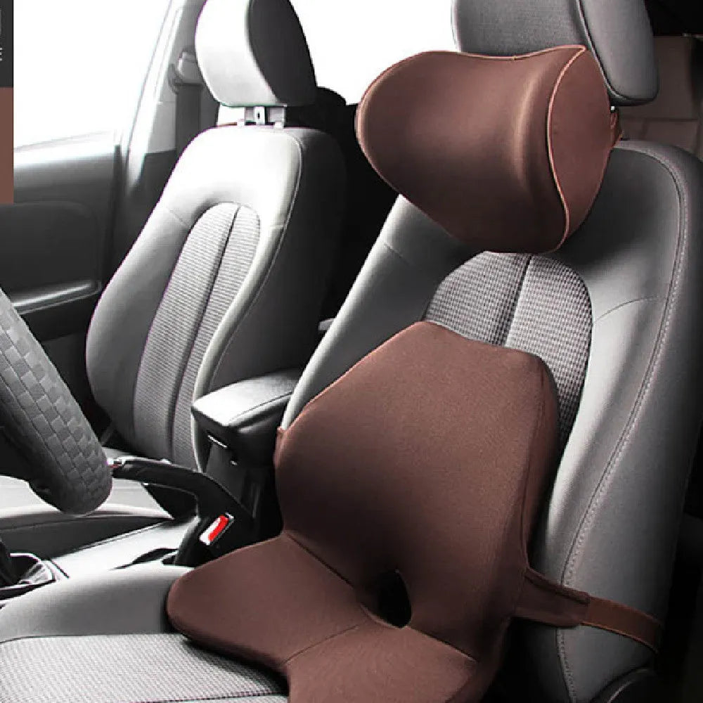 Memory foam car seat lumbar support cushion and optional matching headrest in neutral colours