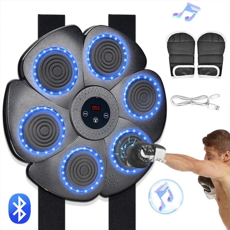 Black smart boxing target with lights and Bluetooth, includes half finger gloves