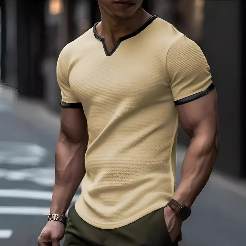 Colour-block V-neck outdoor sports T-shirt in waffle polyester fabric with short sleeves