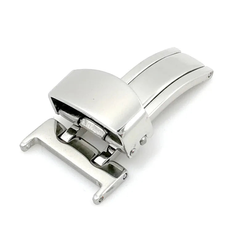 Silver stainless steel single-side folding watch clasp on a white background, showing five size options from 14mm to 22mm.