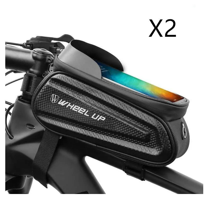 Black grey EVA bicycle phone bag with touchscreen window and reflective straps mounted on mountain bike frame