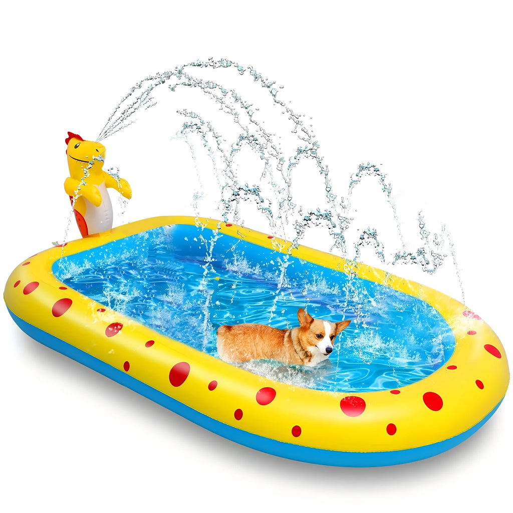 Blue dinosaur inflatable water spray pool with pet play mat and shark toy in garden setting