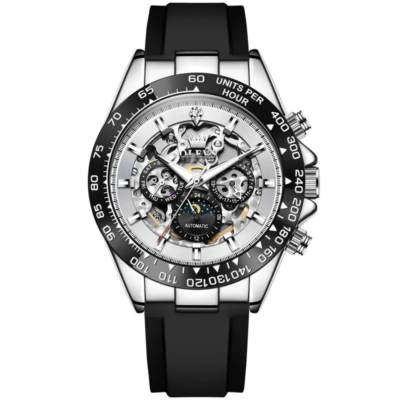 Automatic mechanical men's watch in alloy, available in black, blue, gray, rose black and white