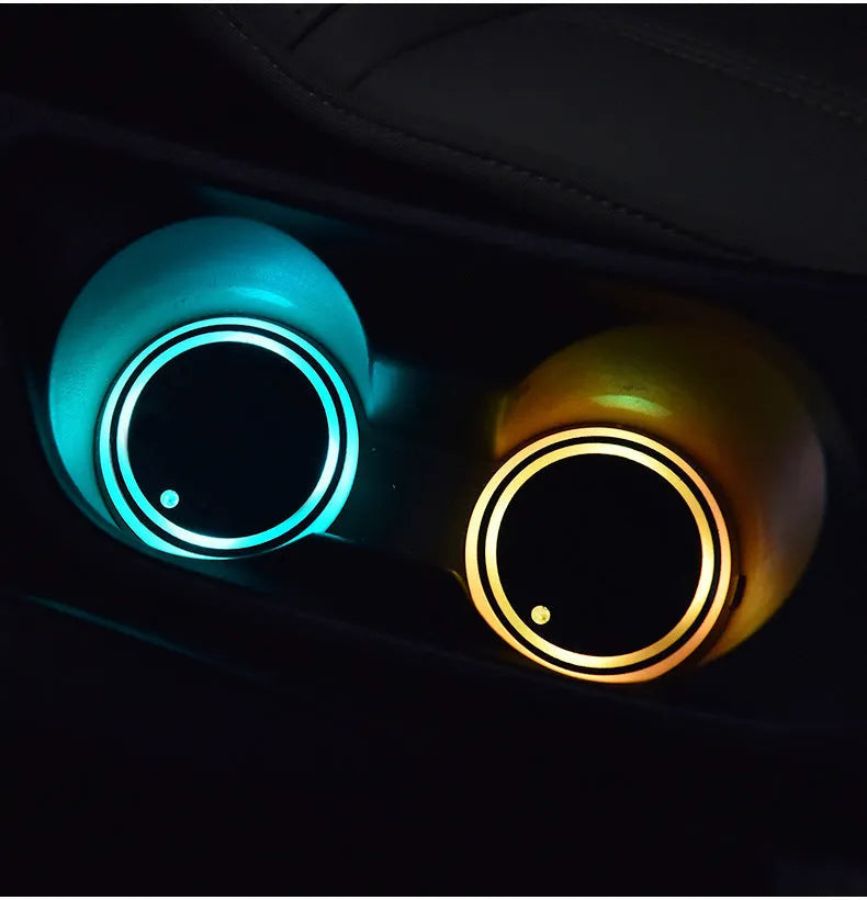Colourful LED light-up coaster for car cup holder with USB cable and seven light colours.