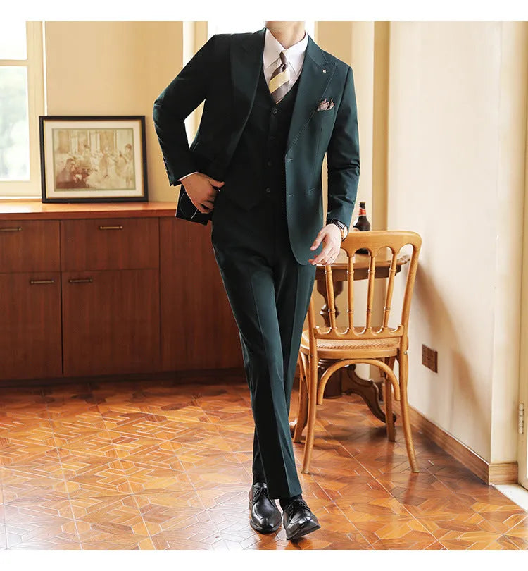 Men's slim fit three-piece corduroy linen blend suit set with coat, vest, and trousers in caramel