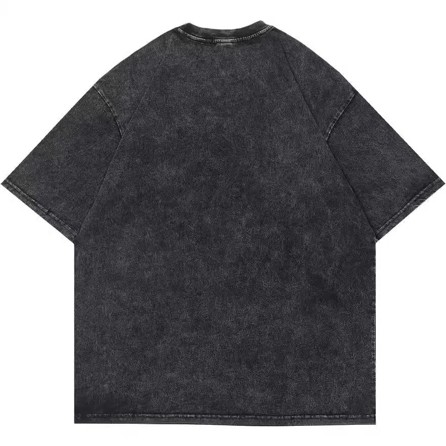 Retro men's cotton T-shirt with cartoon digital printing in loose fit washed black colour