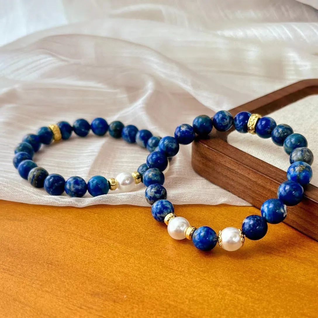 Lapis lazuli bracelet with green gold stone colouration and artistic retro Chinese-inspired design