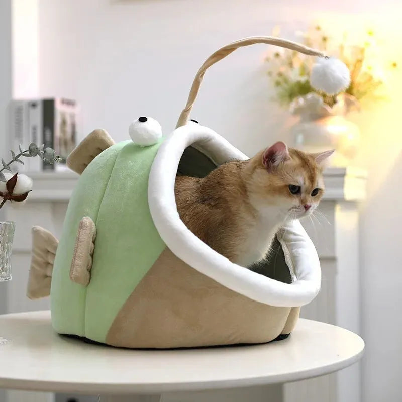 Deerskin velvet semi-closed cat house lantern fish design in grey, shown in small medium large sizes