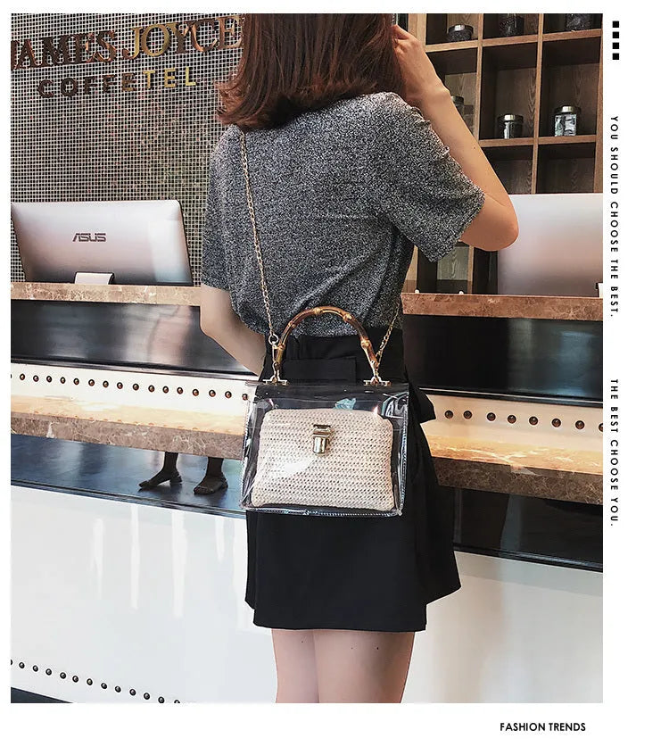 Women's PVC bamboo knot woven crossbody bag with chain decoration in khaki