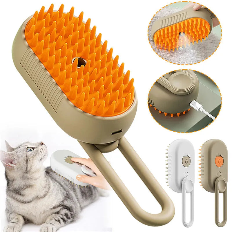 3-in-1 electric steam pet brush in milk brown with silicone bristles and ergonomic handle