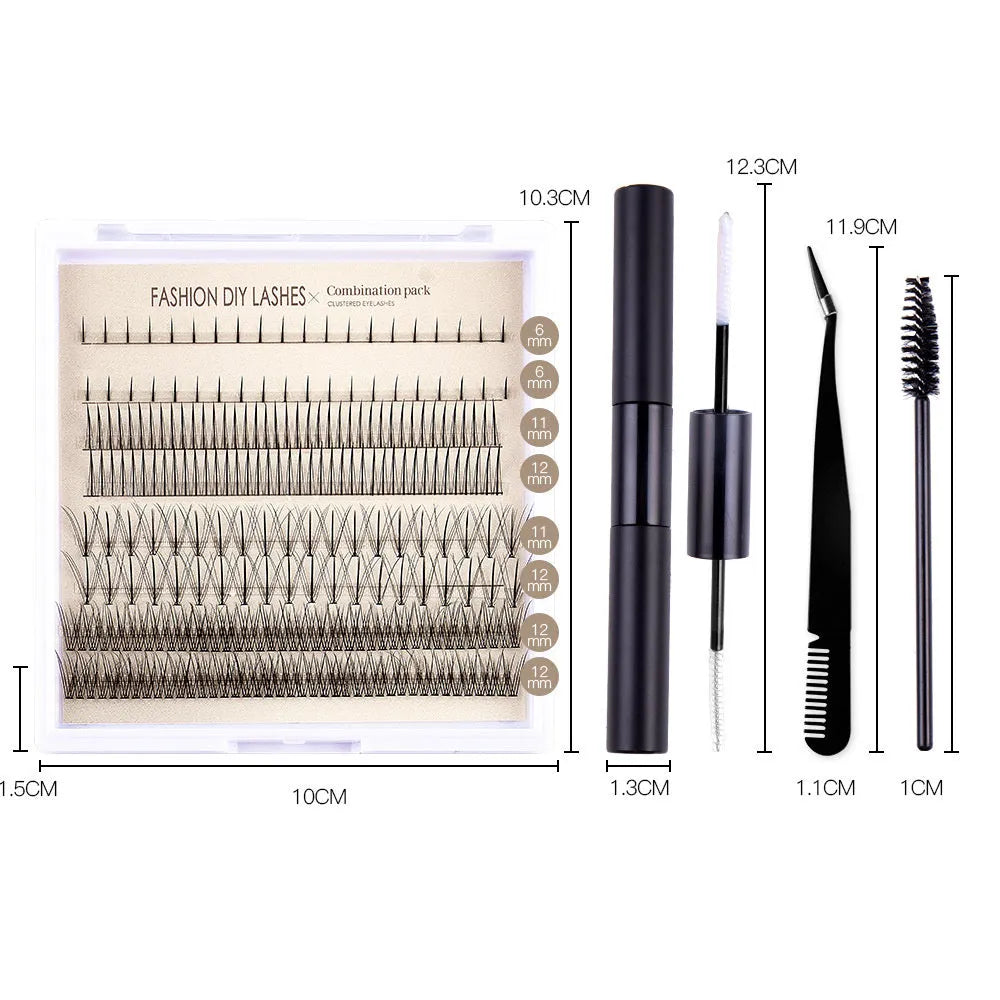 False eyelash glue kit with segmented artificial fibre lashes, pink and black adhesives, tweezers and brush applicators