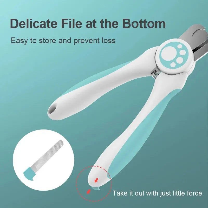 Blue and white pet nail clipper with stainless steel blades and safety stop for dogs and cats