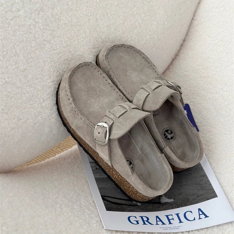 Men's and women's same style mule slippers in sand gray with cow suede upper and cork sole