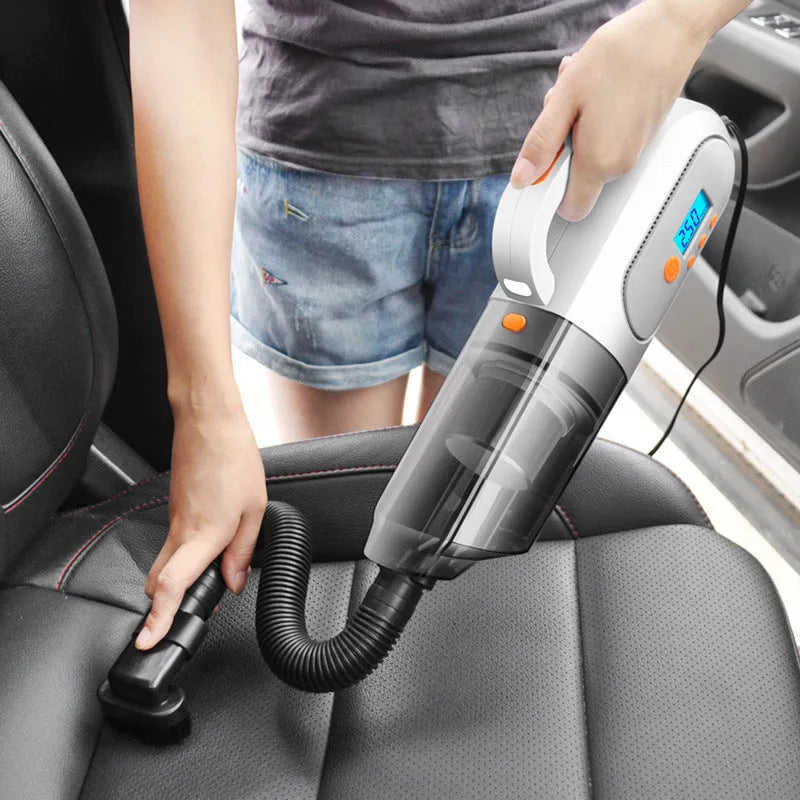 Multi-function 12V car vacuum cleaner with digital tire pressure display and inflation nozzle, ABS construction, Black and White colour options