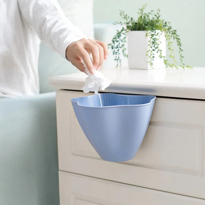 Nordic coloured cabinet rubbish bin in grey, pink, and blue options showing compact 21×16×14cm dimensions