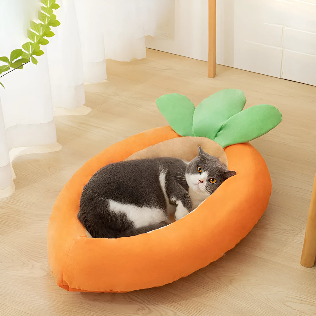 Carrot-shaped nesting dog bed for small medium pets with a removable soft blanket
