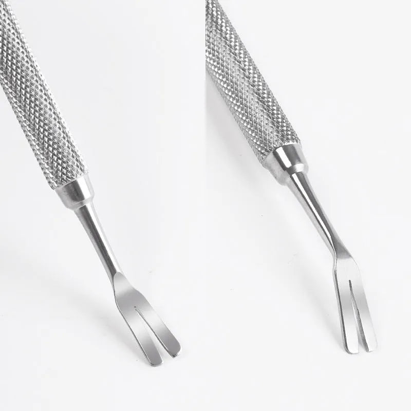 Silver stainless steel tick removal tweezers with fine tips and an ergonomic handle for pets.