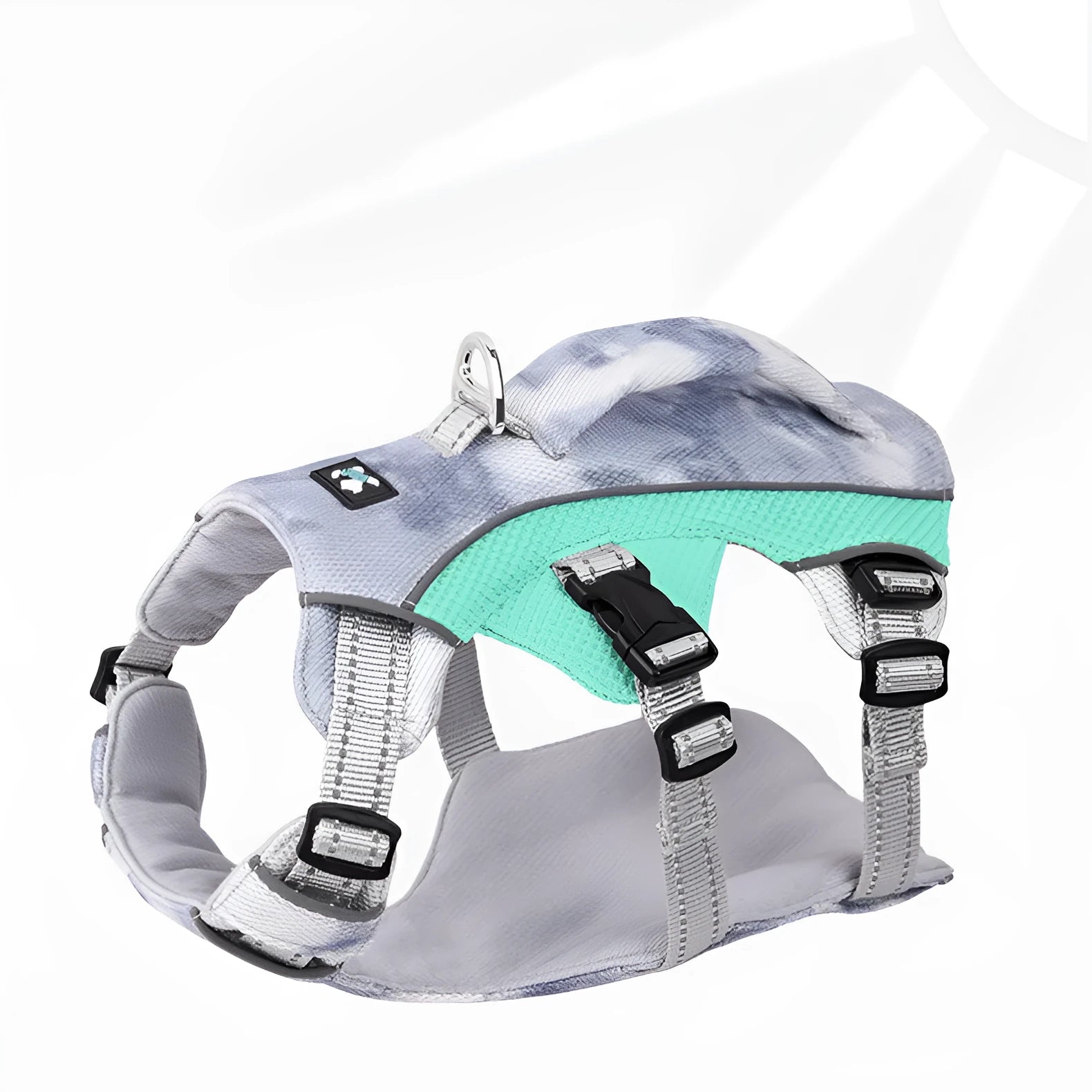 Reflective dog harness chest strap in light blue, shown with adjustable sizing clips.