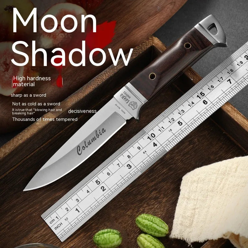 Camping fruit knife with stainless steel blade, national style design, and leather protective case
