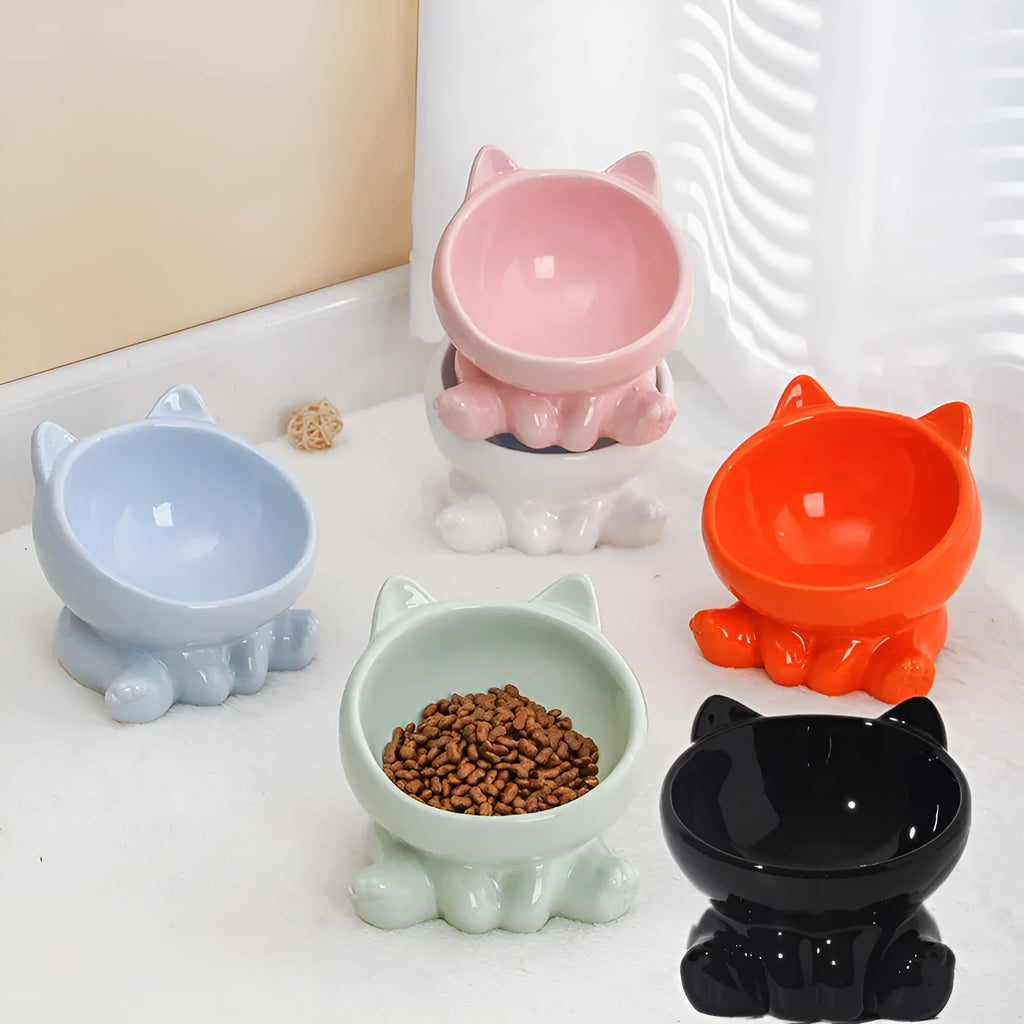Ceramic cat bowl with neck guard and oblique mouth design, colour Black and White