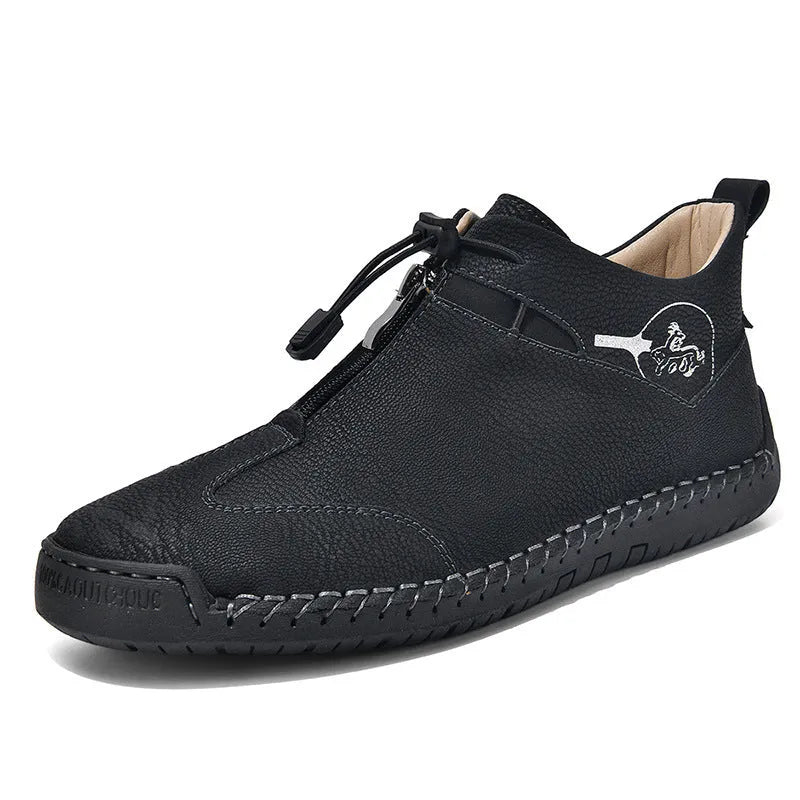 Men's tall crown casual leather shoes in black with a round toe and mid-height rubber sole.