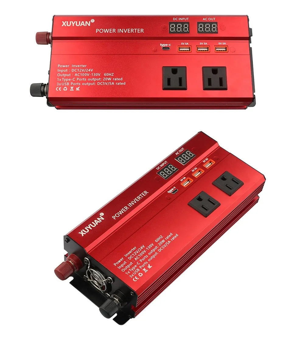 1200W car power inverter with LED display, US outlet, black casing, measuring 26cm x 10cm x 5.5cm
