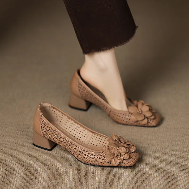Women's light brown leather weave pumps with hollow design and mid heel on beef tendon sole
