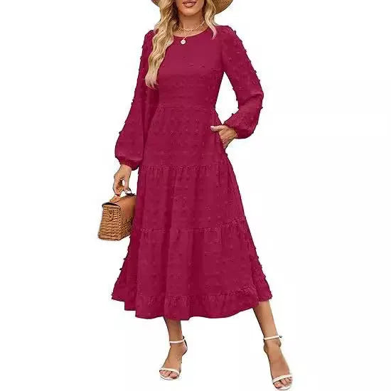 Women's beige high waist long sleeve dress with ruffle sleeves, shown front view.