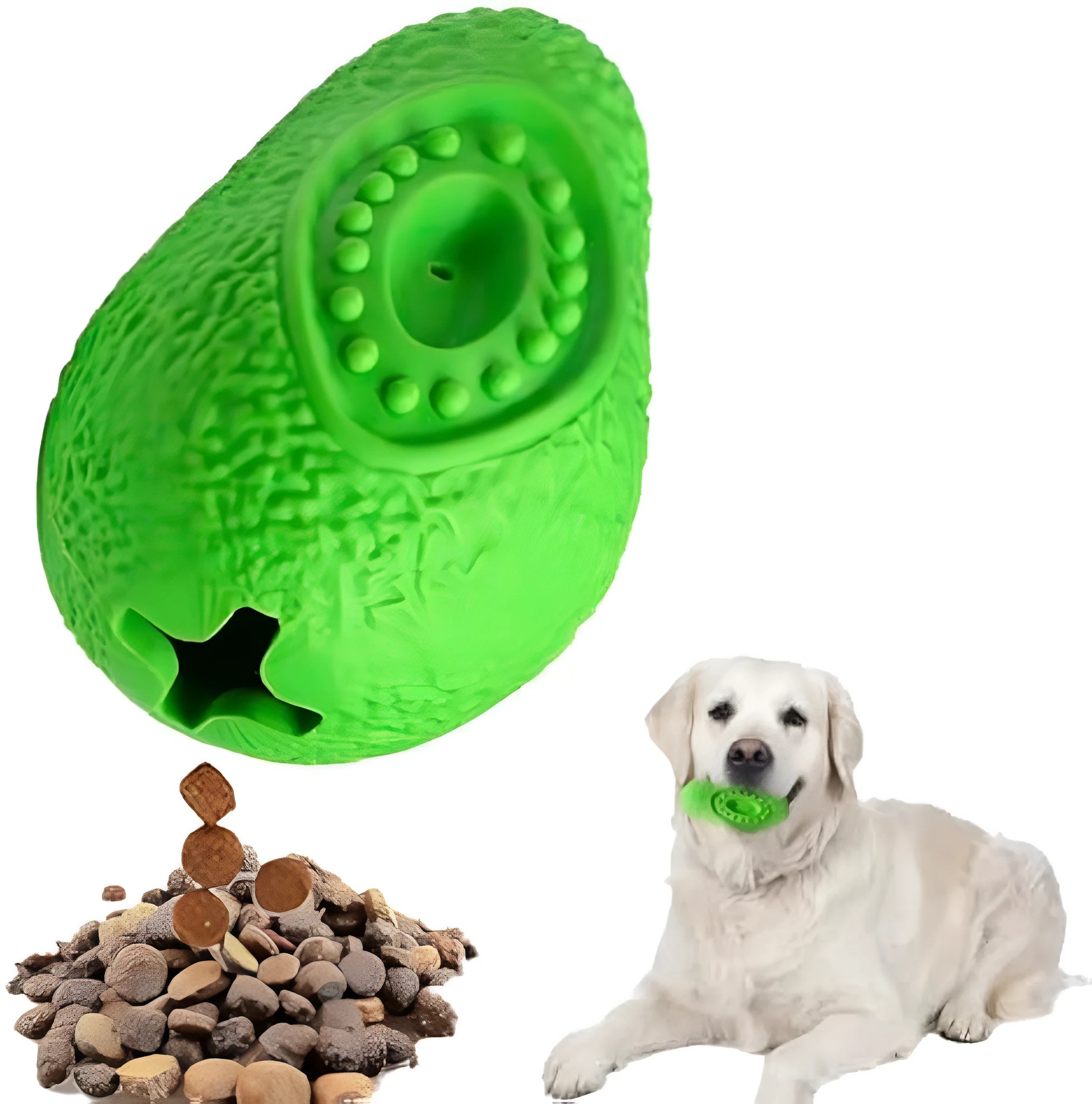 Green avocado-shaped natural rubber dog chew toy for aggressive chewers.