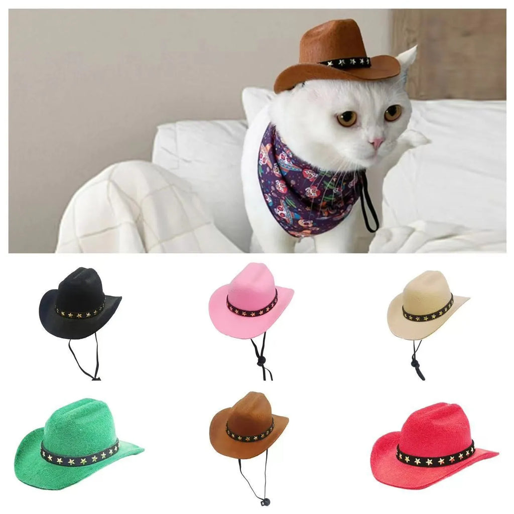 Cat cowboy hat in denim style with five-pointed star, available in 13.5cm and 19cm sizes and six colours.