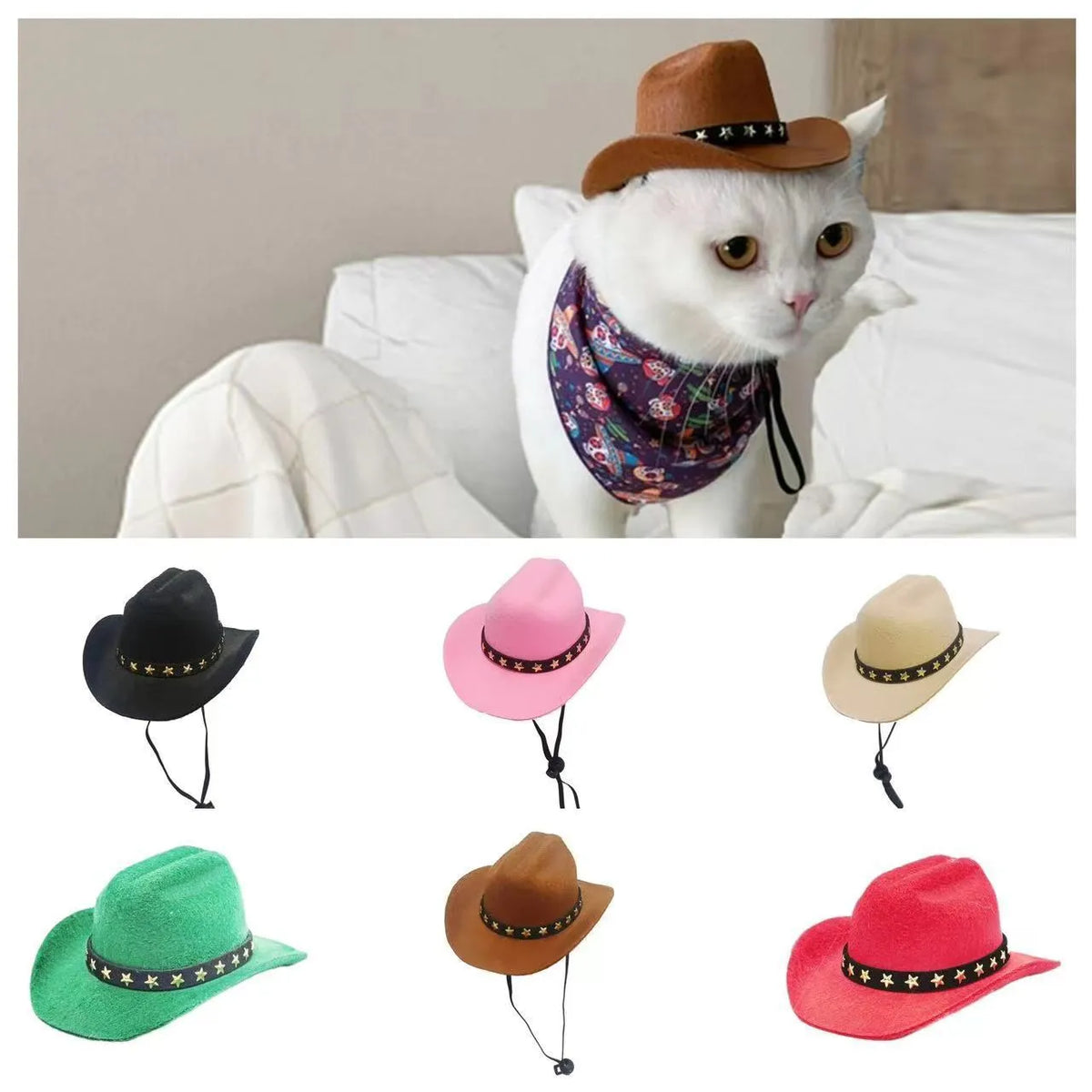 Cat cowboy hat in denim style with five-pointed star, available in 13.5cm and 19cm sizes and six colours.