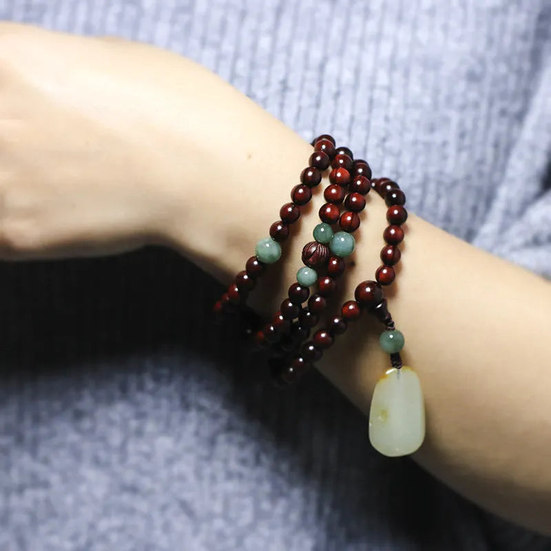 Pterocarpus Santalinus 108 bead bracelet with 6mm rosewood beads and carved Hotian jade pendant in national style